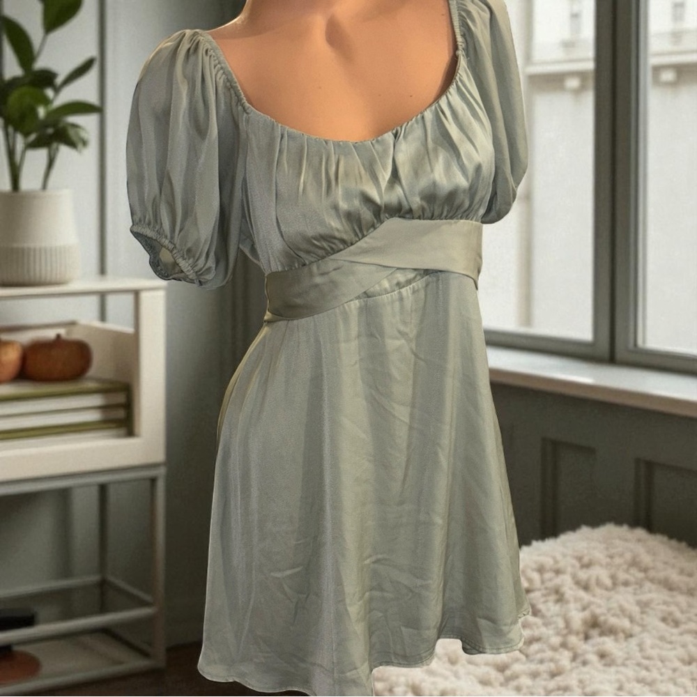 Altar'd State whimsical satin Puff Sleeve Mini milk made Dress fairy babydoll L - Picture 7 of 14